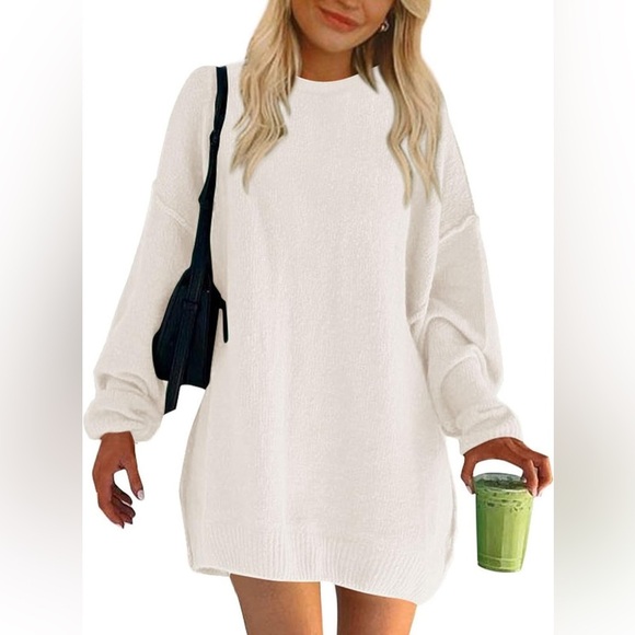 Ivory Crewneck Oversized Knit Sweater Dress - Picture 1 of 8